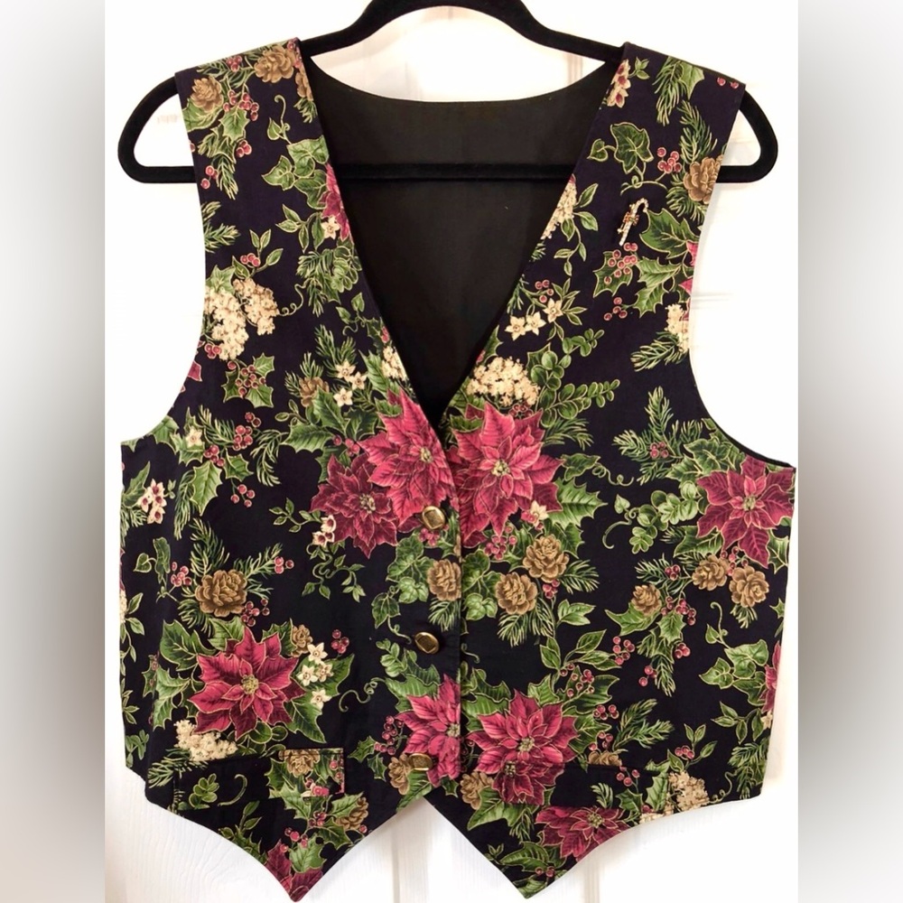 Vintage 90’s Handmade Christmas Poinsettia Grandma Vest With Pin-Medium